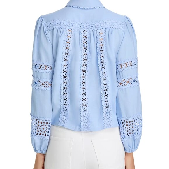 AQUA Blue Lace Crochet Detail Button Up Long Sleeve Blouse Women's size M - Picture 5 of 7